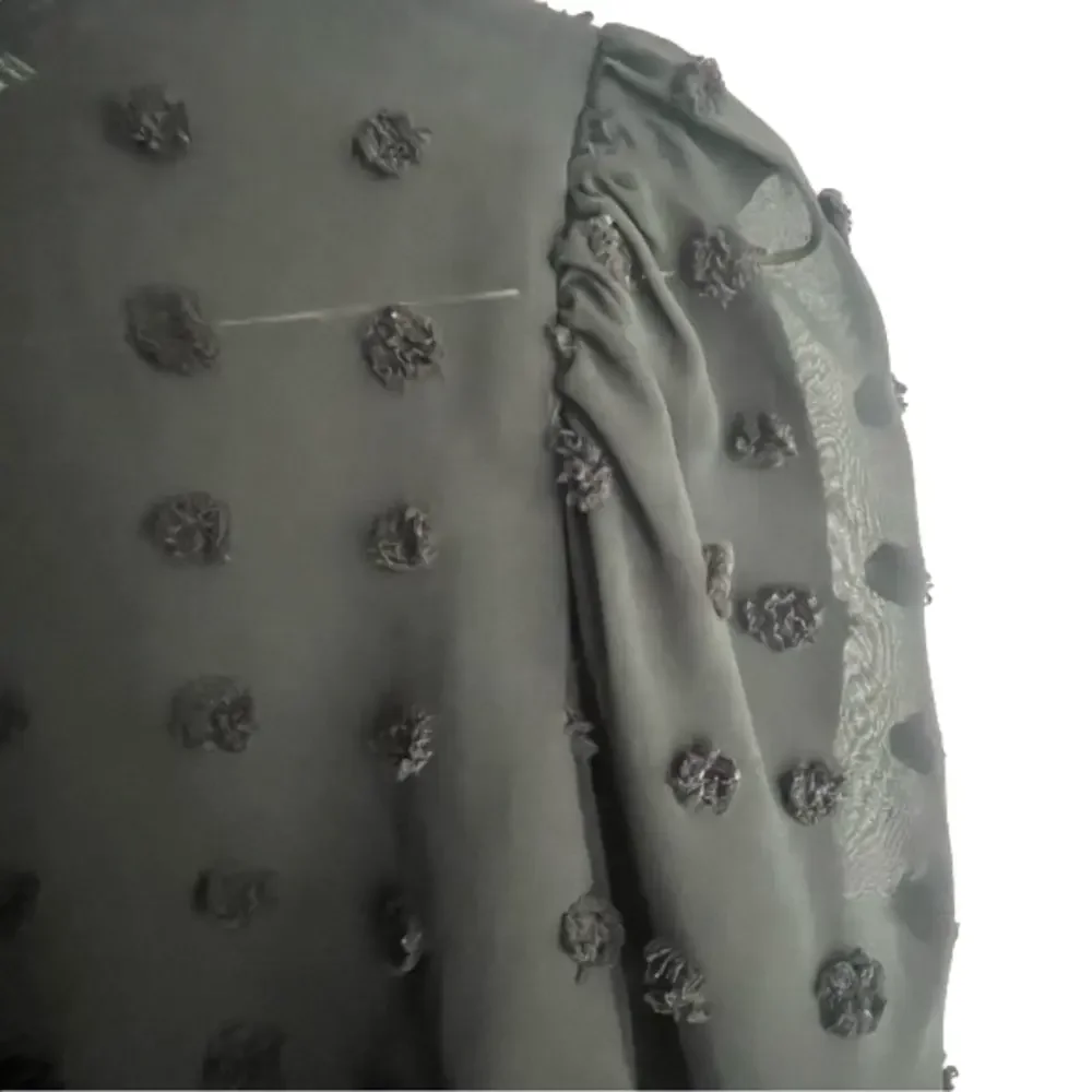 ZARA Semi Sheer Pompom Polka Dot Long Sleeve Puff Shoulder Blouse Black Size XS - Picture 3 of 8